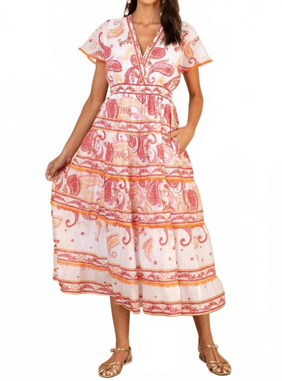 NEW HALE BOB azeneth short sleeve tiered midi dress in pink